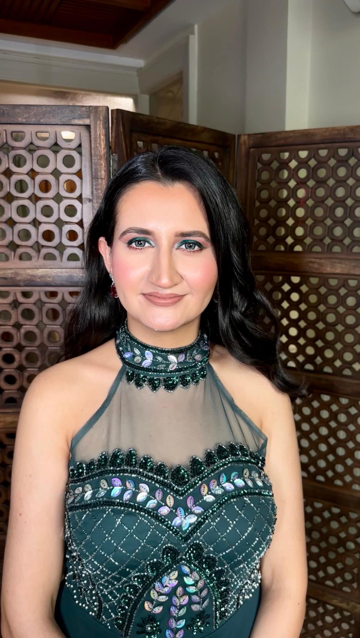 Emerald Sequin Halter Gown HD Party Makeup — bridal makeup by Makeovers by Bhuvita, Chandigarh