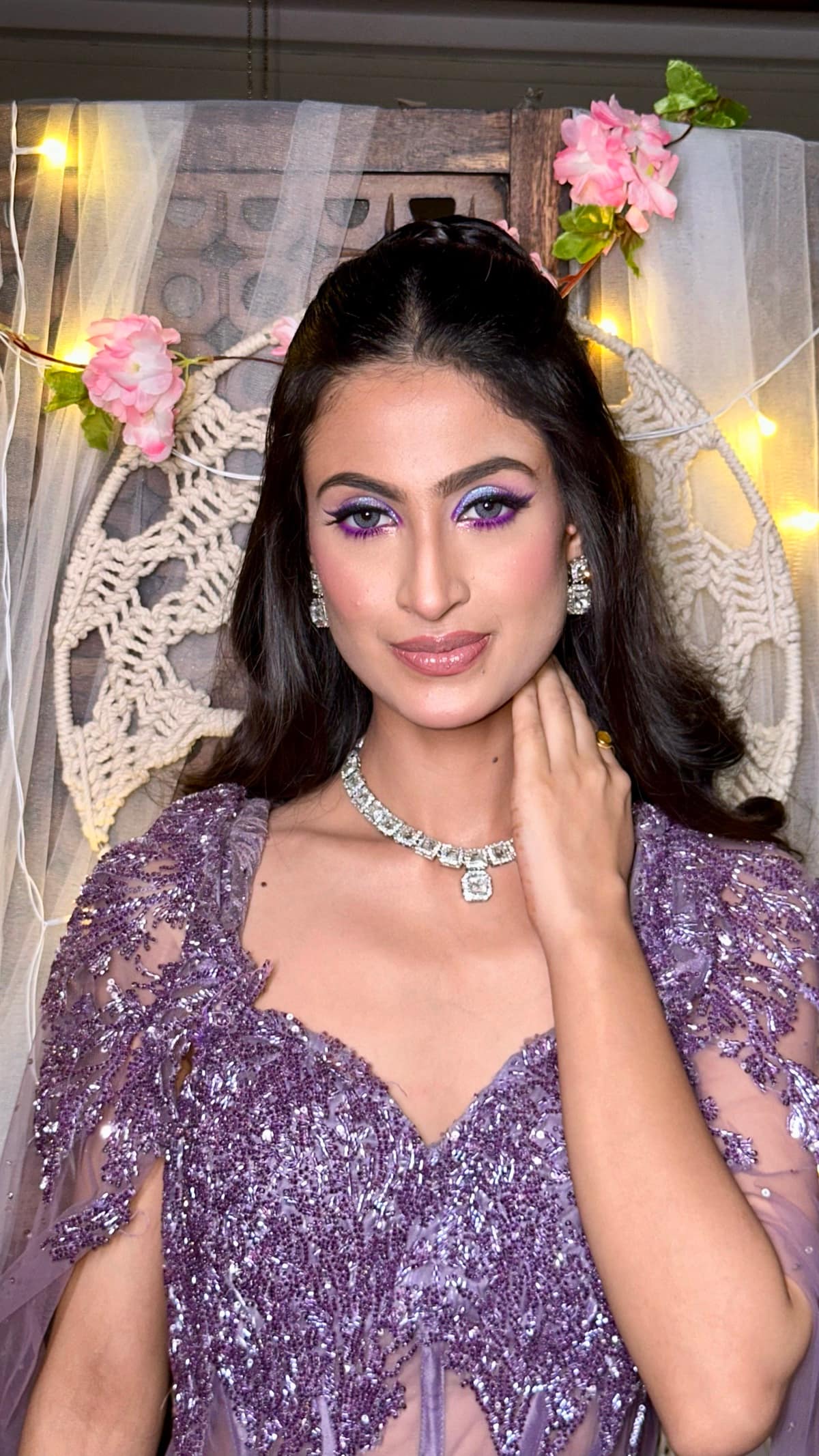 Lilac Cape Gown & Diamond Collar Elegance — bridal makeup by Makeovers by Bhuvita, Chandigarh