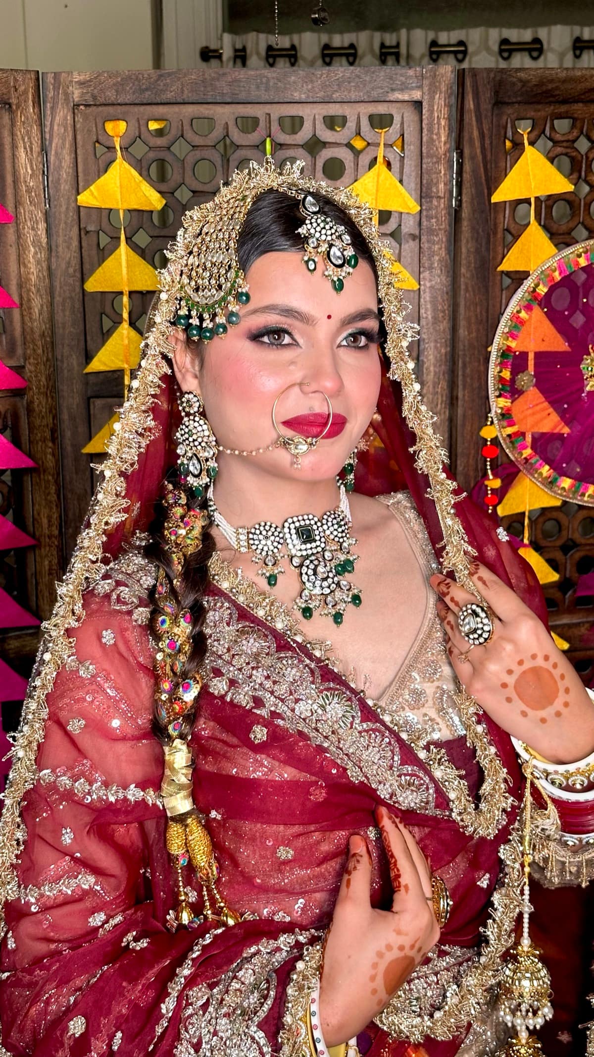 Maroon Gotapatti Veil & Passaa Bridal Glam — bridal makeup by Makeovers by Bhuvita, Chandigarh