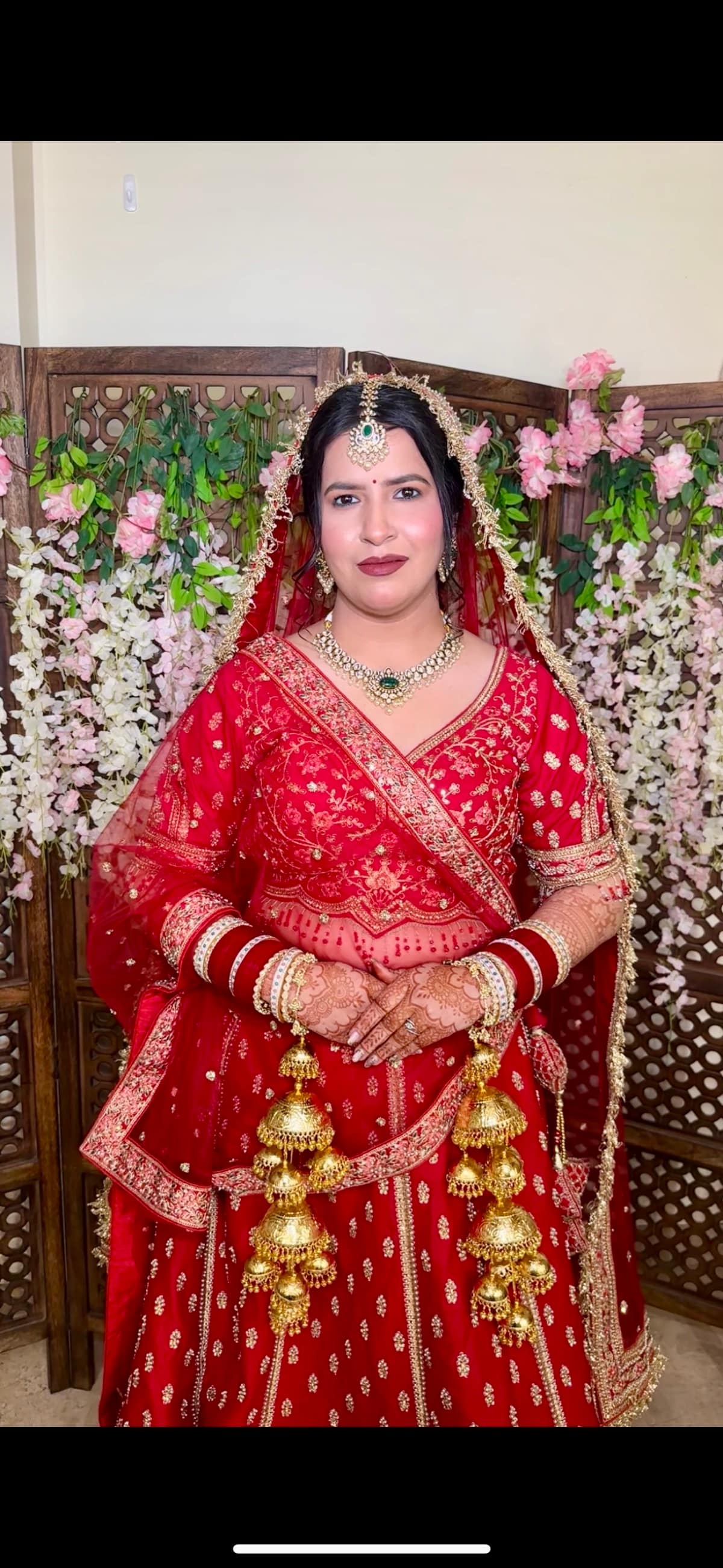 Crimson Red Lehenga with Golden Dome Kaleerein — bridal makeup by Makeovers by Bhuvita, Chandigarh